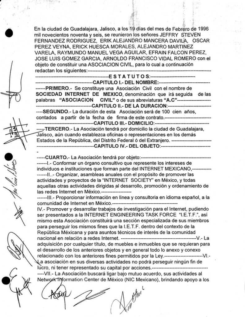 Acta de creación de la Internet Society Capítulo México. 19 de febrero de 1996.